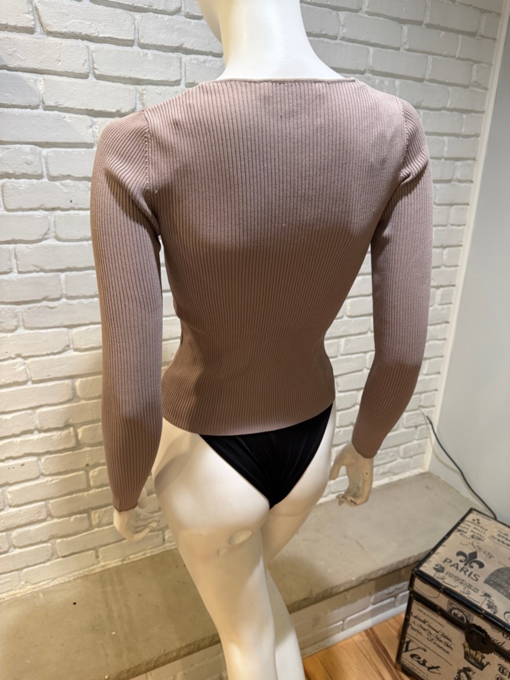 ZARA Mushroom Taupe Ribbed V-Neck Sweater Deep V Fitted Stretchy Small NWT - Picture 7 of 11